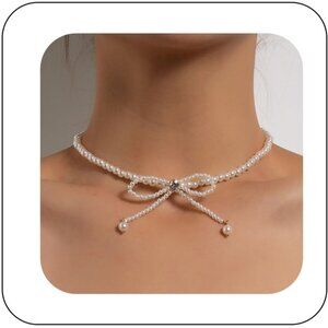 Boho Pearl Choker Necklace Gold Bow Chain Necklace Pearl Crystal Bow Necklace Vi
